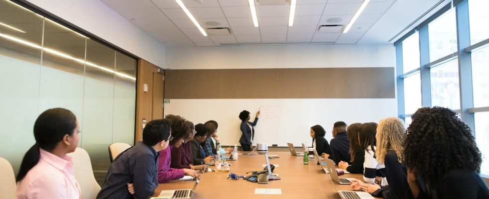 Business meeting with diverse team discussing projects in a modern conference room.