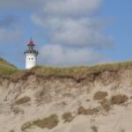lighthouse, denmark, jutland, north sea, sand dunes, beach, heaven, sea, landscape, coast, vacations, nature, sand, summer, landmark, daymark, scandinavia, dune landscape, hvide sands, lyngvig fyr, holmsland klit, ringkøbing fjord
