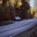 a car driving down a road in the middle of a forest